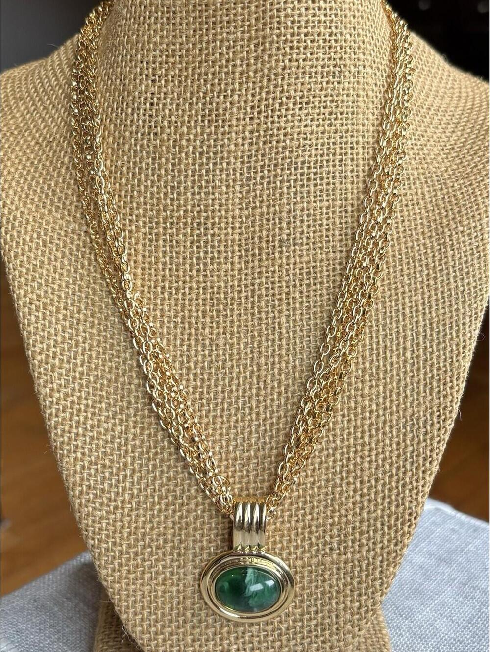 Gold Tone Multi Strand Necklace Green Faux Stone Pendant